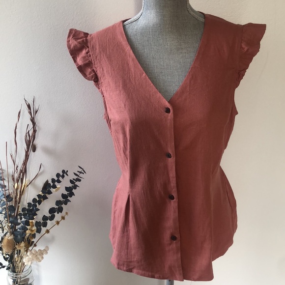 Monteau Tops - Monteau Ruffle Sleeve Linen Blend Blouse